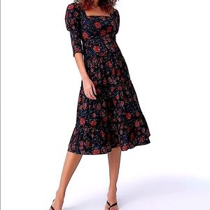 Nora Puffed Sleeves Poplin Midi Dress in Punk Flower Size 8